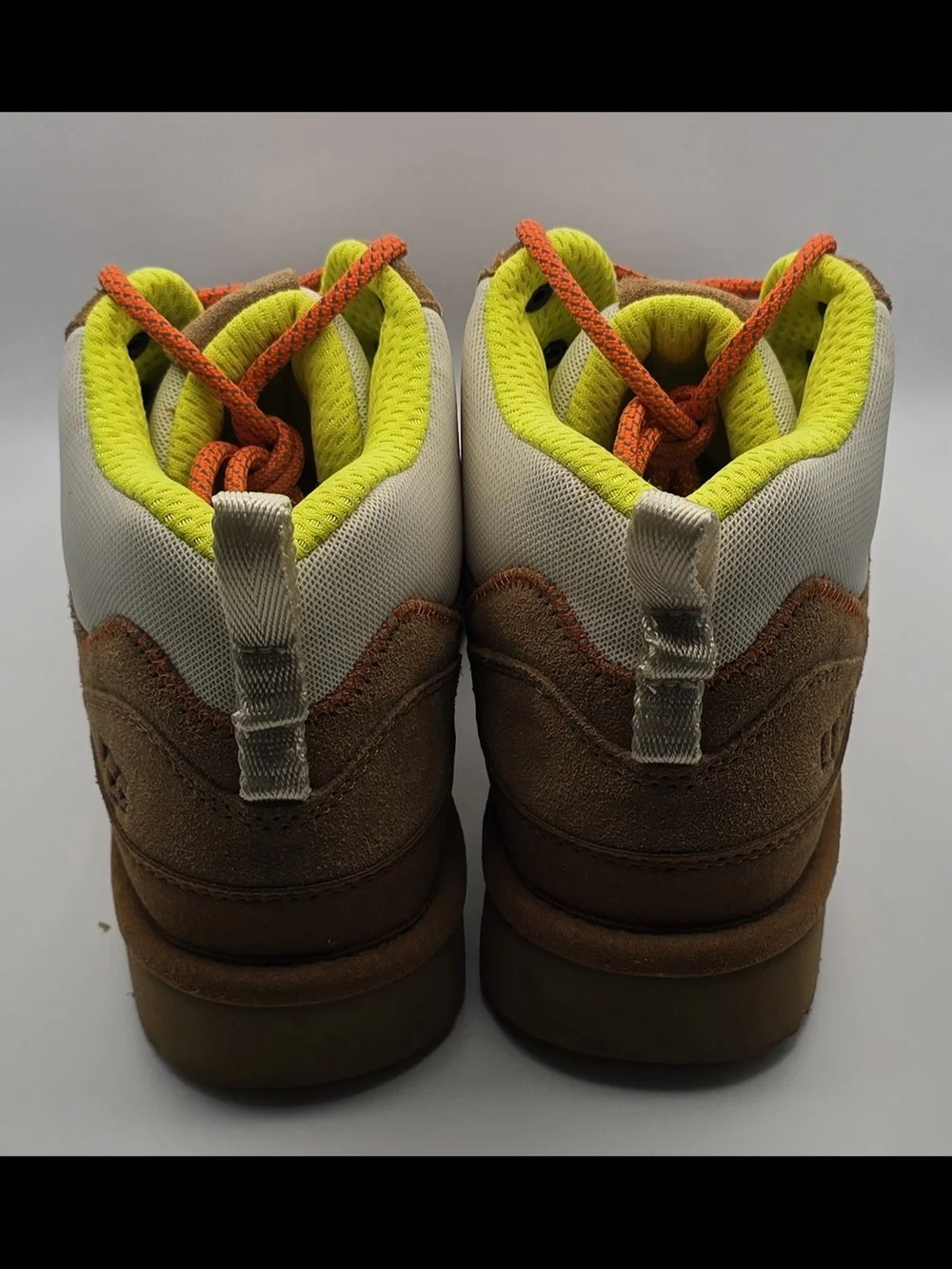 UGG Brown and Cream High-Top Suede Hiking-Style Boots with Orange Laces